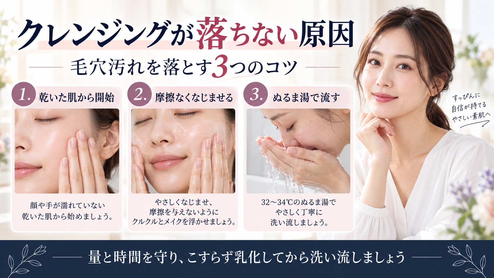 オレリークレンジングを乾いた肌から摩擦なくなじませ、ぬるま湯で流す正しい使い方を示すBeauty Board