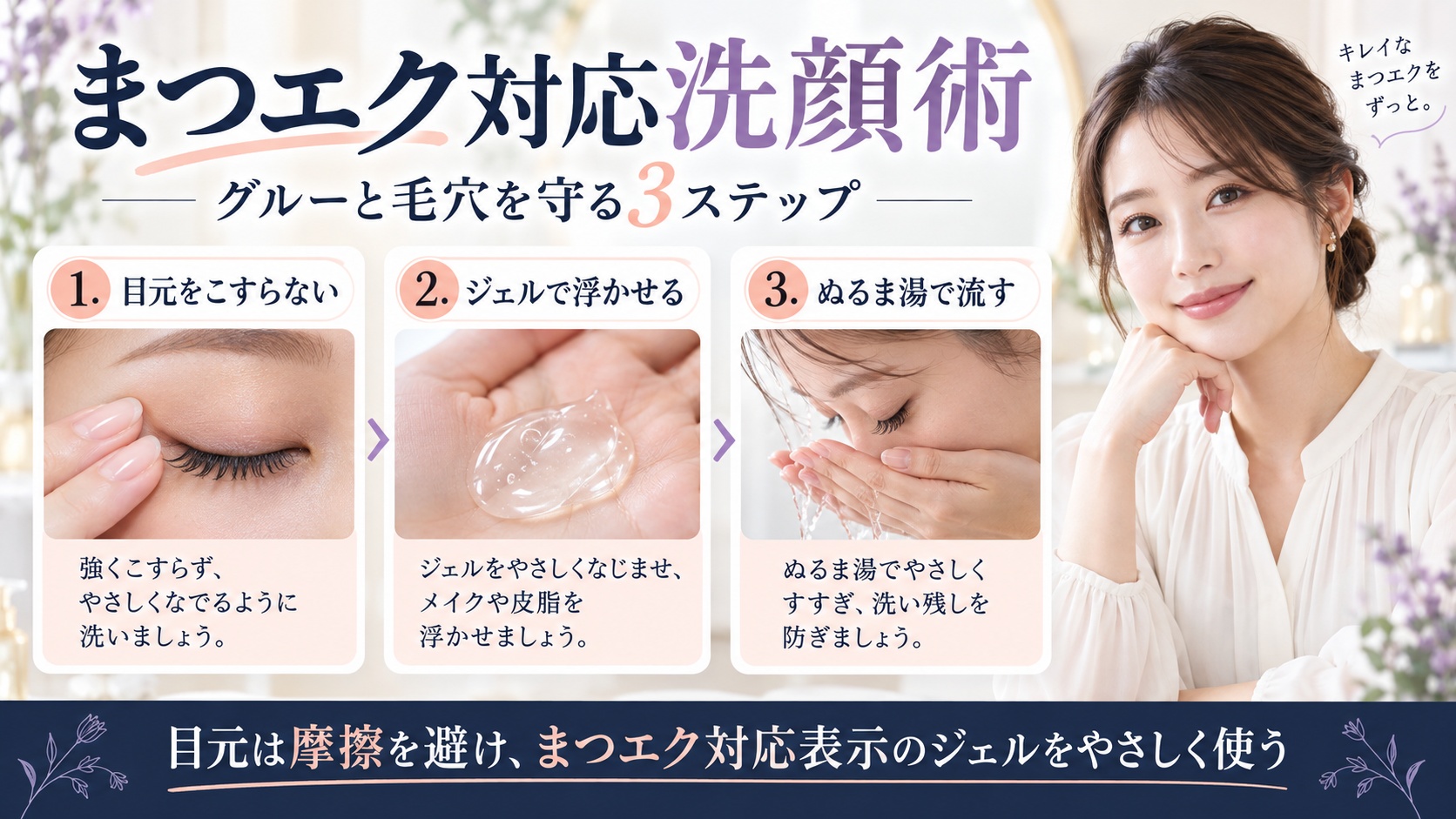 まつエクの目元をこすらず、ジェルで浮かせてぬるま湯で流す正しい洗顔術を示すBeauty Board