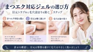 まつエク対応クレンジングジェルを選び、目元を軽く落として毛穴は泡で洗う方法を示すBeauty Board