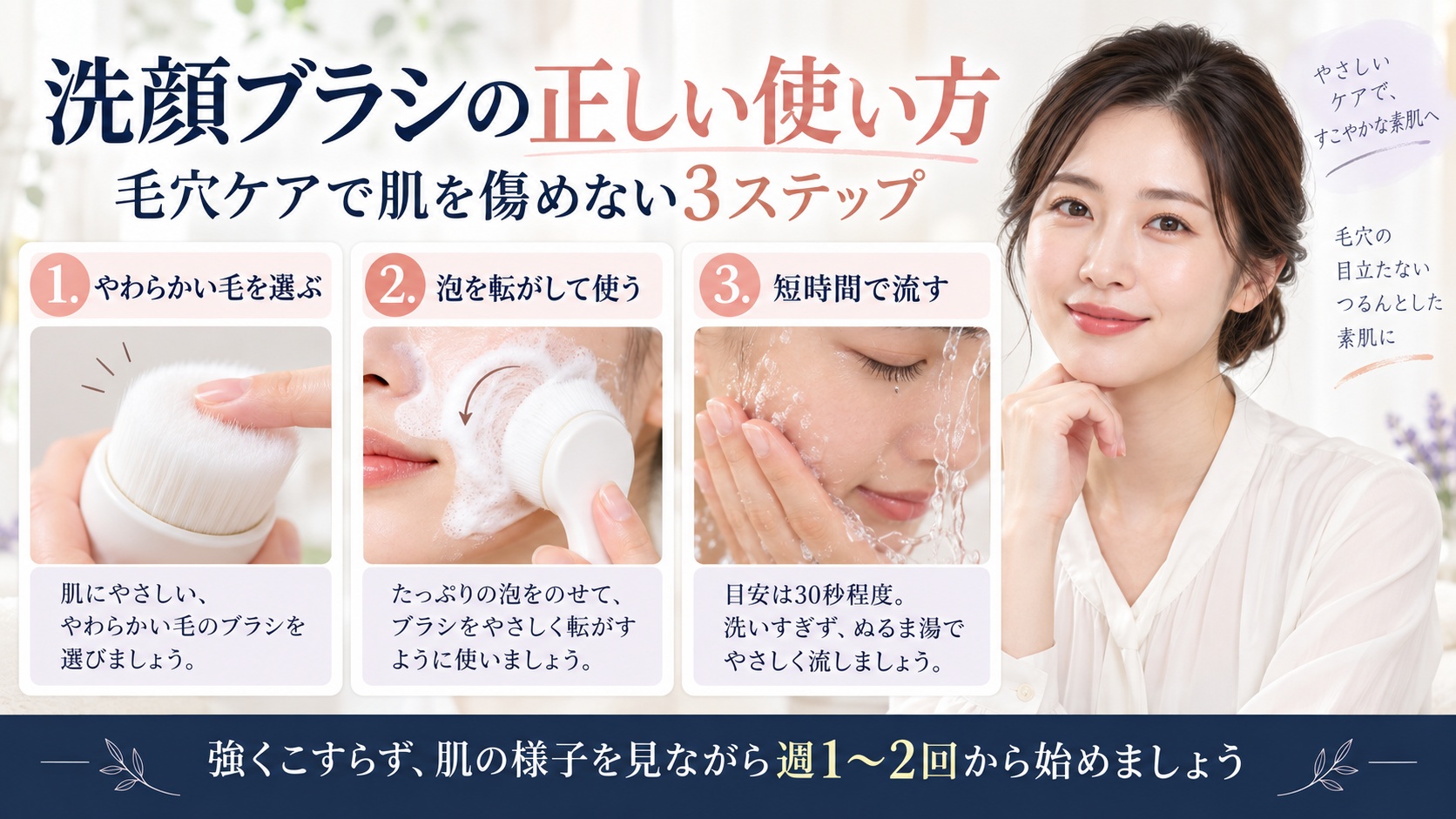洗顔ブラシの毛を選び、泡を転がして短時間で流す肌を傷めない使い方を示すBeauty Board