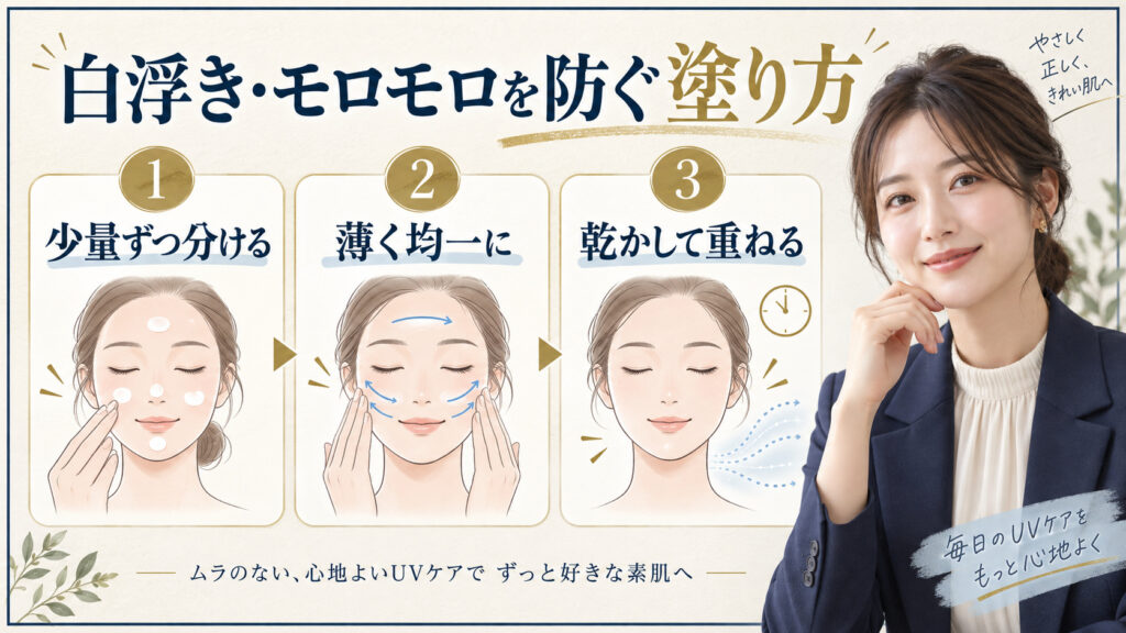 白浮き・モロモロを防ぐ日焼け止めの塗り方。少量ずつ分けて薄く均一に、乾かして重ねる手順