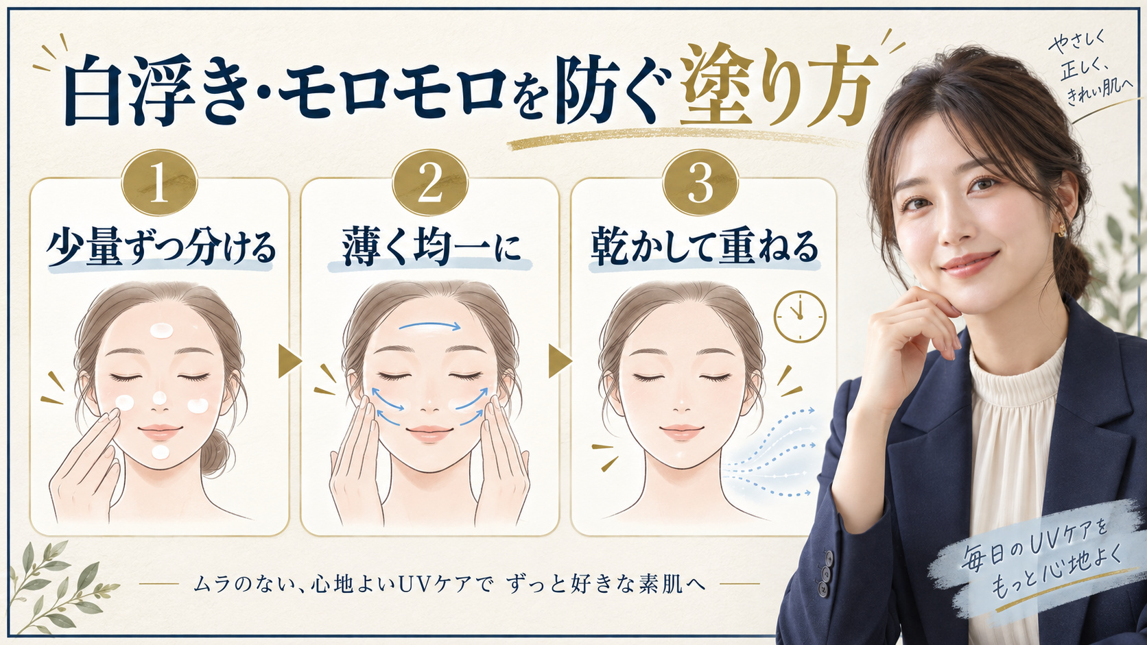 白浮き・モロモロを防ぐ日焼け止めの塗り方。少量ずつ分けて薄く均一に、乾かして重ねる手順