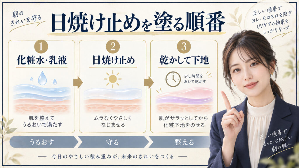 日焼け止めを塗る順番。化粧水と乳液のあと、乾かして化粧下地を重ねる手順