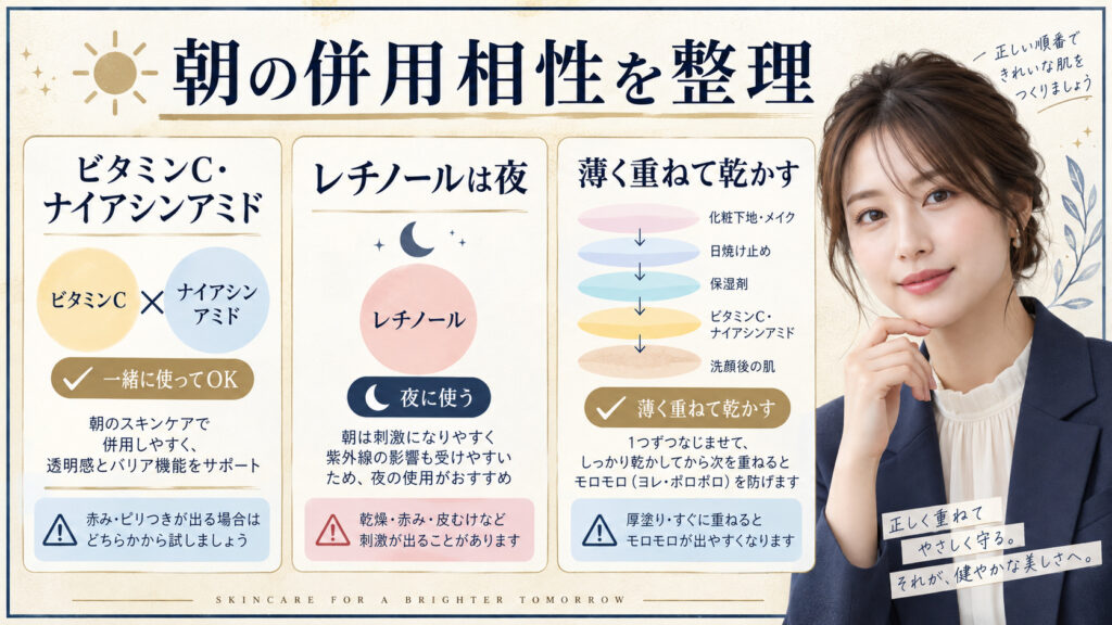 朝の日焼け止め併用相性。ビタミンCとナイアシンアミド、レチノール、下地との重ね方