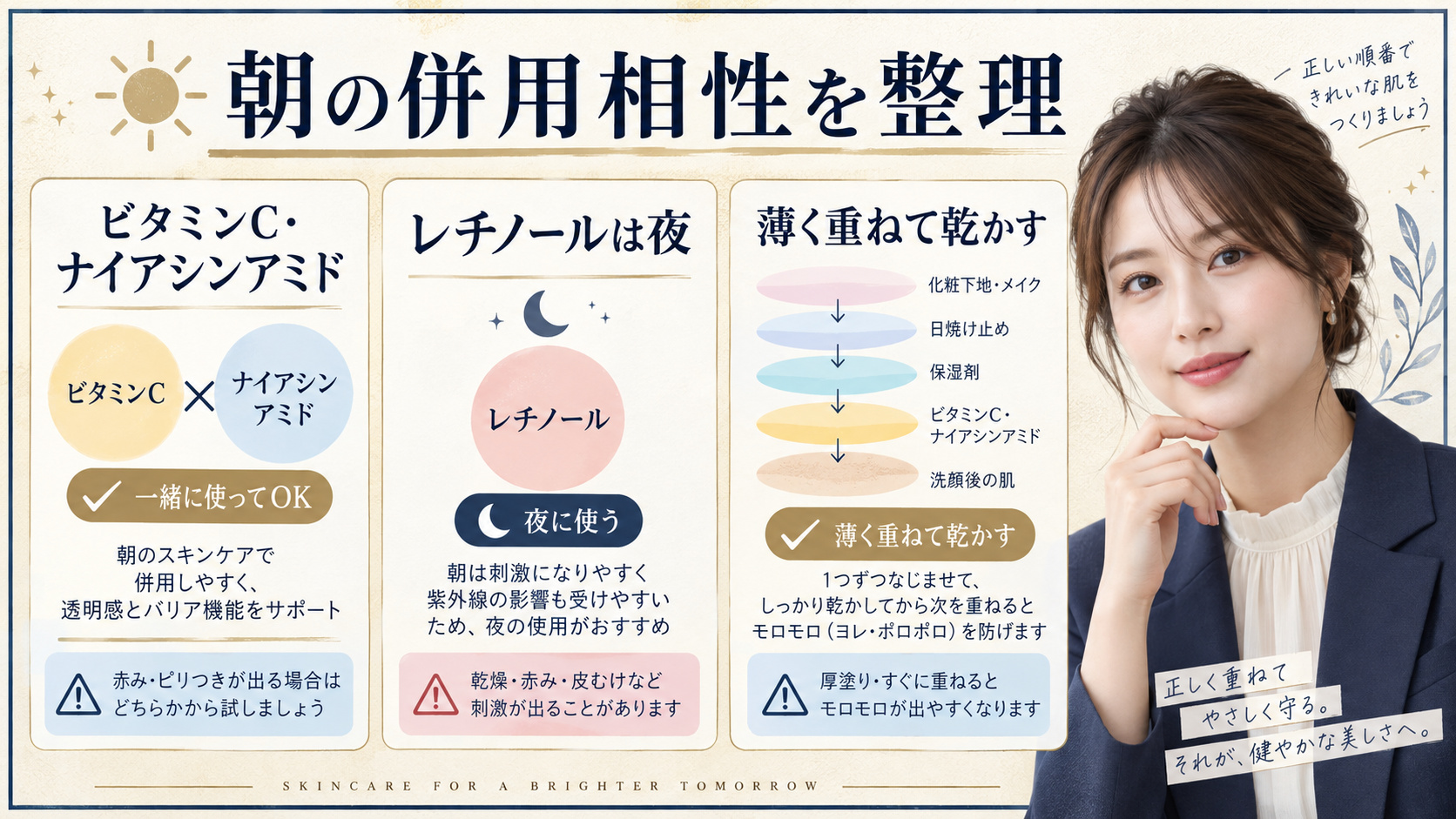 朝の日焼け止め併用相性。ビタミンCとナイアシンアミド、レチノール、下地との重ね方