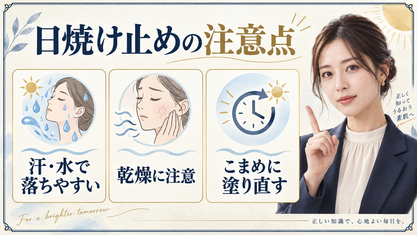 日焼け止めの注意点。汗や水で落ちやすく乾燥にも注意し、こまめに塗り直す方法