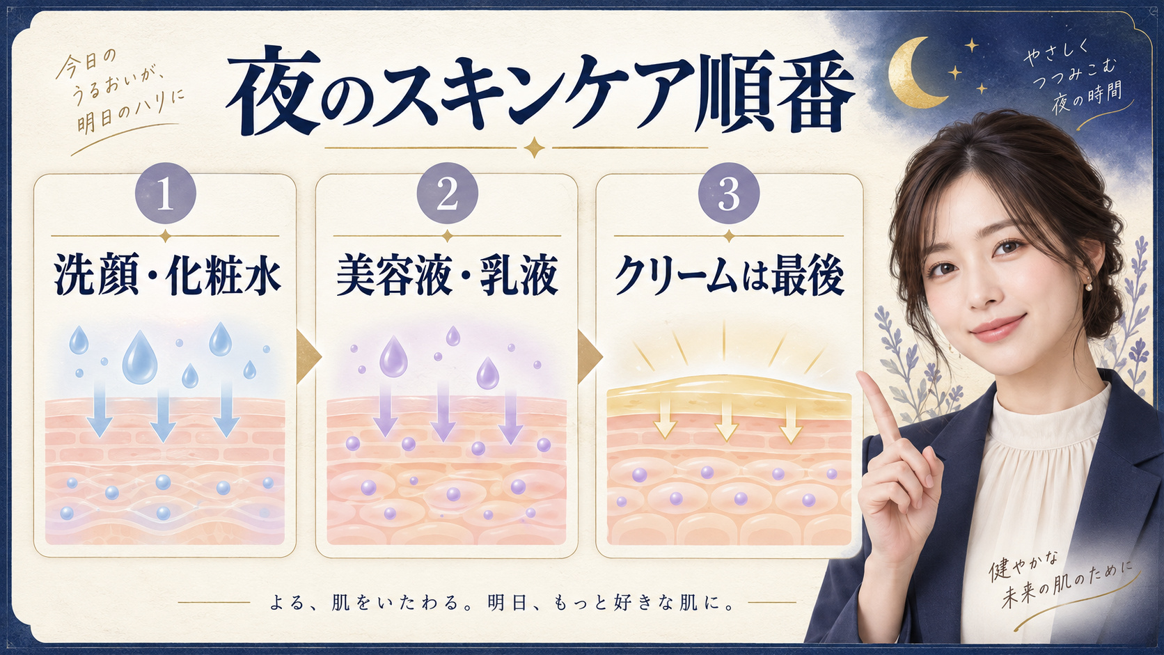 夜のスキンケア順番。洗顔と化粧水、美容液と乳液のあとにクリームを最後に使う方法