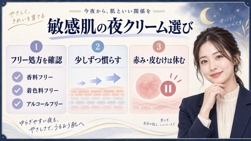 敏感肌の夜クリーム選び。フリー処方を確認し、少しずつ慣らして赤みや皮むけ時は休む方法