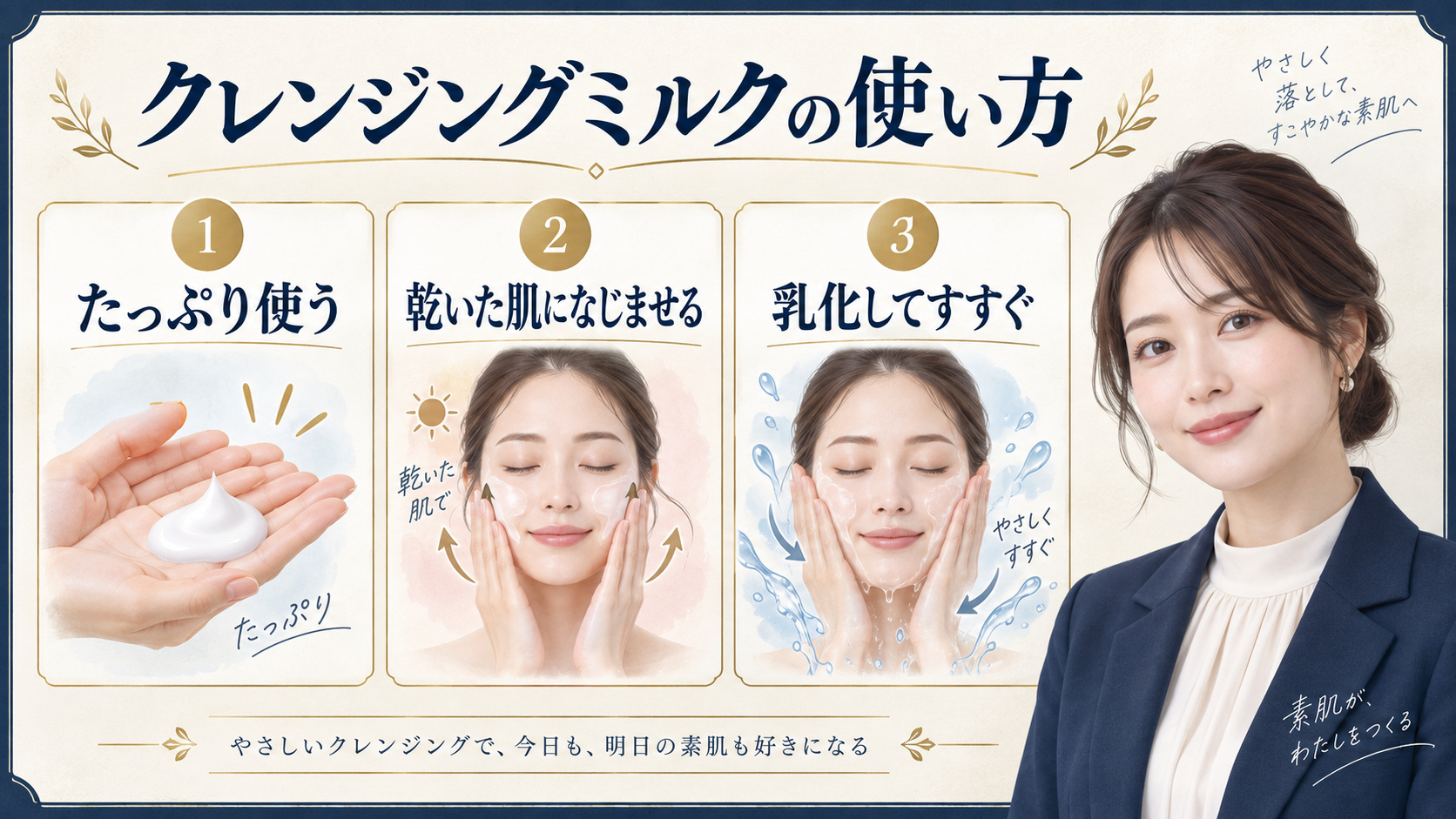 クレンジングミルクの使い方。たっぷり使い、乾いた肌になじませて乳化してすすぐ手順