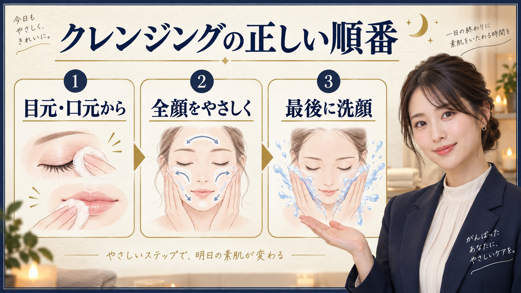 クレンジングの正しい順番。目元と口元から全顔をやさしく落とし、最後に洗顔する手順
