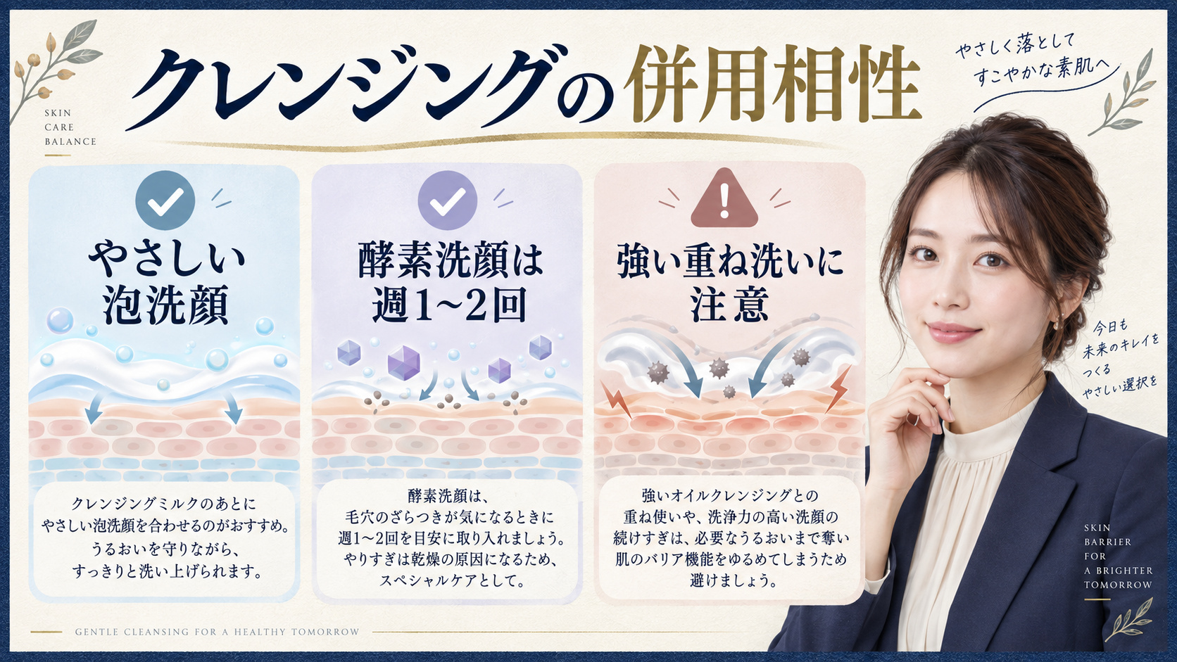 クレンジングの併用相性。やさしい泡洗顔を合わせ、酵素洗顔は週1〜2回、強い重ね洗いに注意する方法