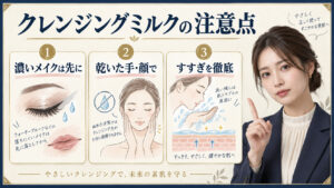クレンジングミルクの注意点。濃いメイクは先に落とし、乾いた手と顔で使い、すすぎを徹底する方法