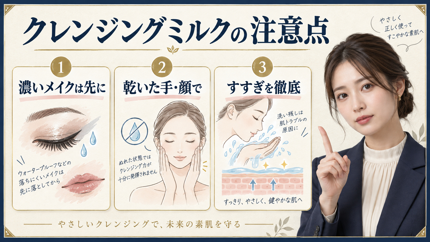 クレンジングミルクの注意点。濃いメイクは先に落とし、乾いた手と顔で使い、すすぎを徹底する方法