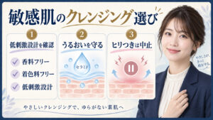 敏感肌のクレンジング選び。低刺激設計を確認し、うるおいを守ってヒリつき時は中止する方法
