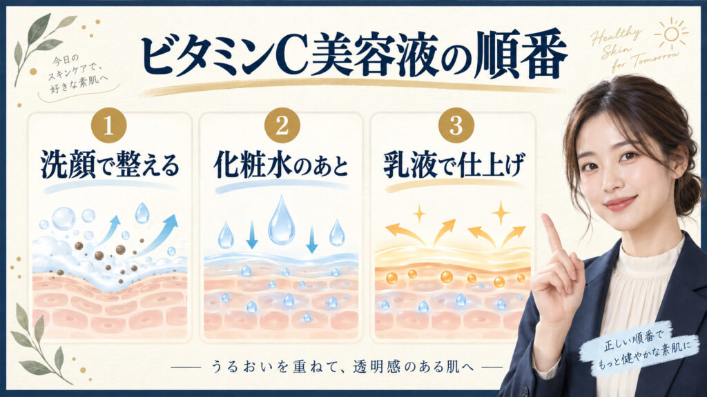 ビタミンC美容液の順番。洗顔後に化粧水で整え、美容液を使って乳液で仕上げる手順
