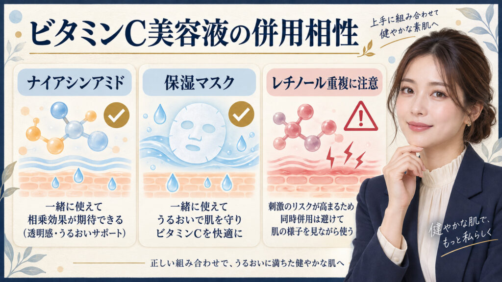ビタミンC美容液の併用相性。ナイアシンアミドや保湿マスクを活用し、レチノールの重複に注意する方法