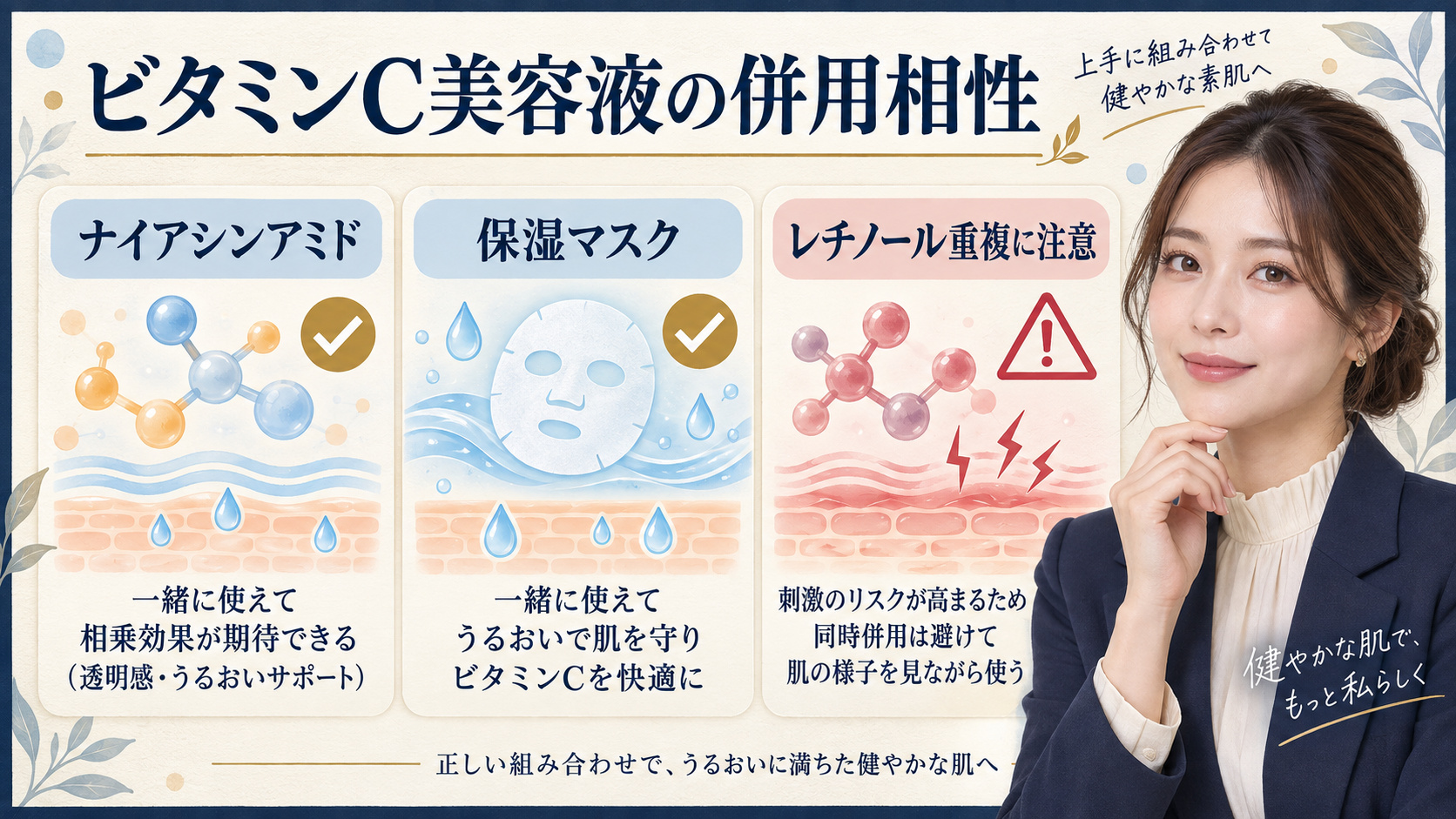 ビタミンC美容液の併用相性。ナイアシンアミドや保湿マスクを活用し、レチノールの重複に注意する方法