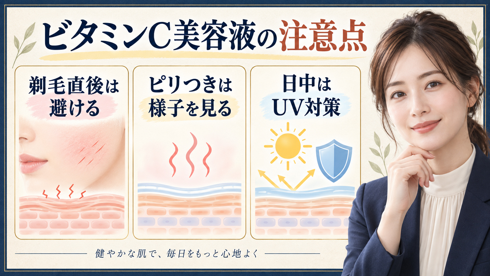 ビタミンC美容液の注意点。剃毛直後は避け、ピリつきを見ながら日中はUV対策を行う方法