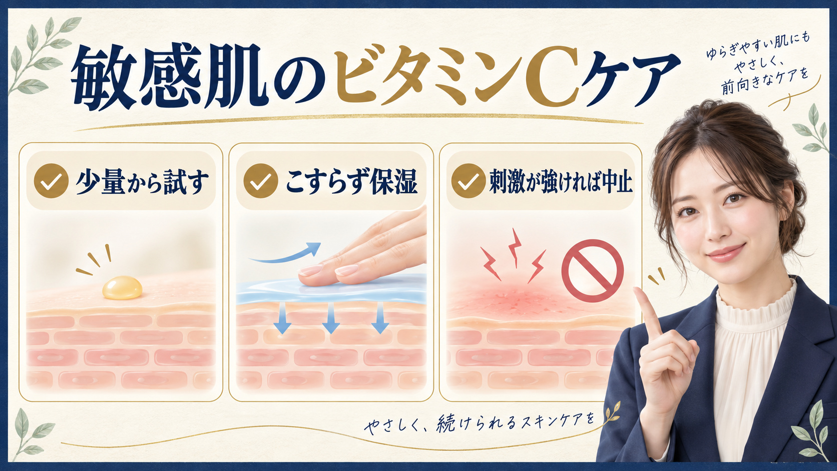 敏感肌のビタミンCケア。少量から試し、こすらず保湿して刺激が強ければ中止する方法