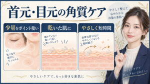 首元・目元の角質ケア。少量をポイント使いし、乾いた肌にやさしく短時間で行う方法