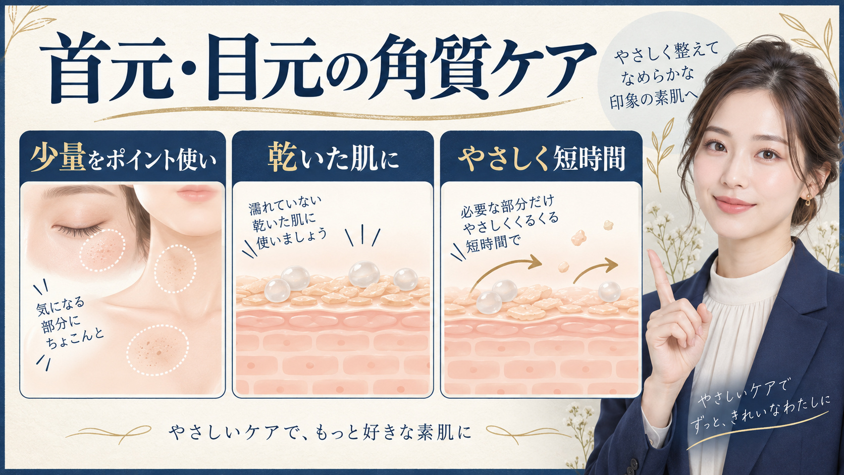 首元・目元の角質ケア。少量をポイント使いし、乾いた肌にやさしく短時間で行う方法