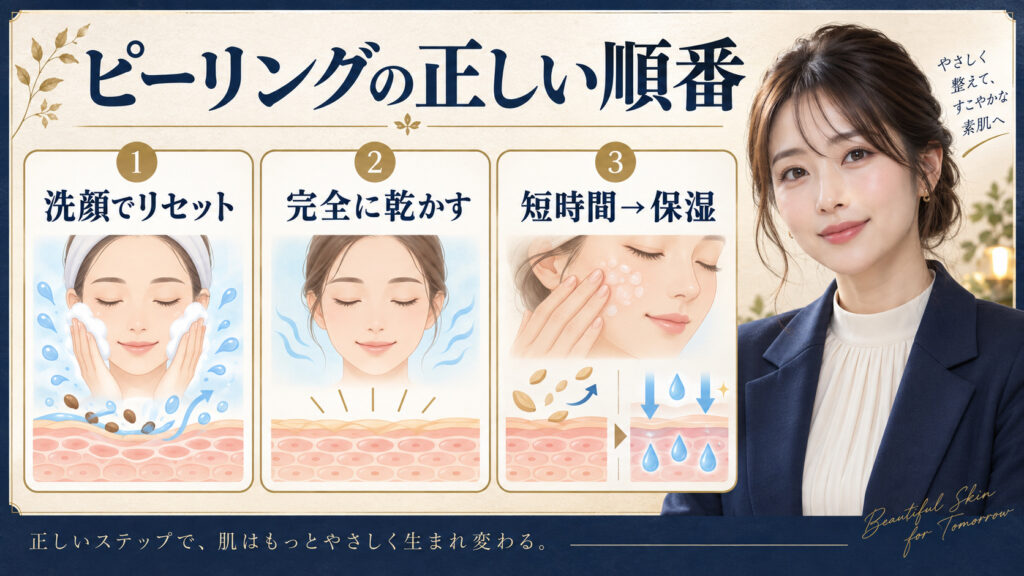 ピーリングの正しい順番。洗顔で整え、完全に乾かしてから短時間ケアし、最後に保湿する方法