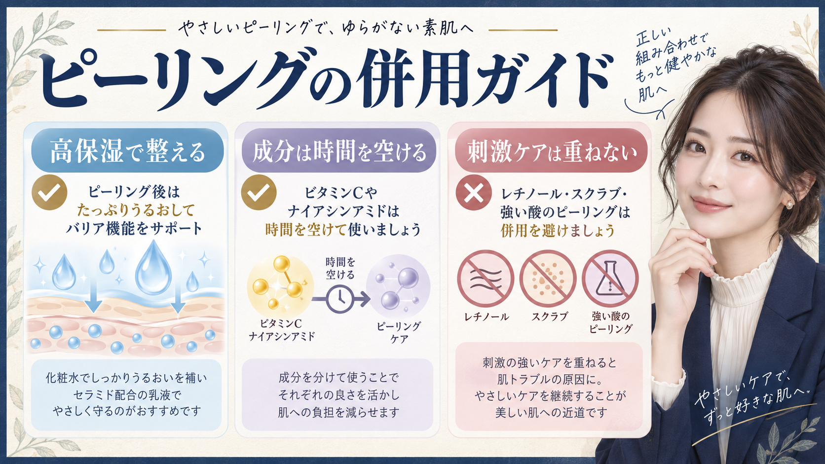 ピーリングの併用ガイド。高保湿で整え、成分は時間を空け、刺激ケアは重ねない方法