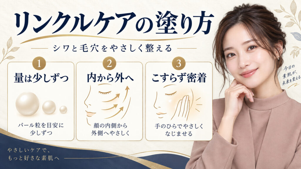 リンクルケアの塗り方。量は少しずつ、内から外へ、こすらず密着させる方法