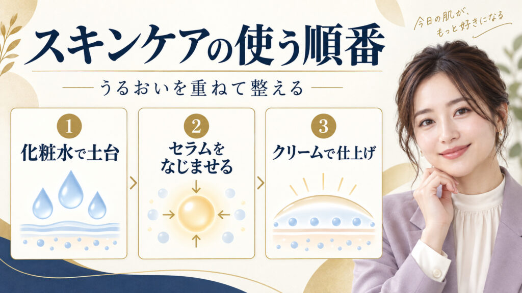 スキンケアの使う順番。化粧水で土台を作り、セラム、クリームの順に重ねる方法
