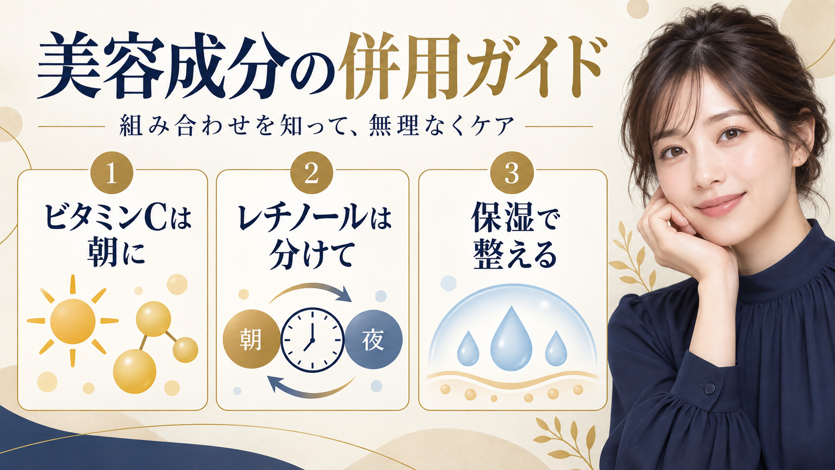 美容成分の併用ガイド。ビタミンCは朝、レチノールは時間を分け、保湿で整える方法