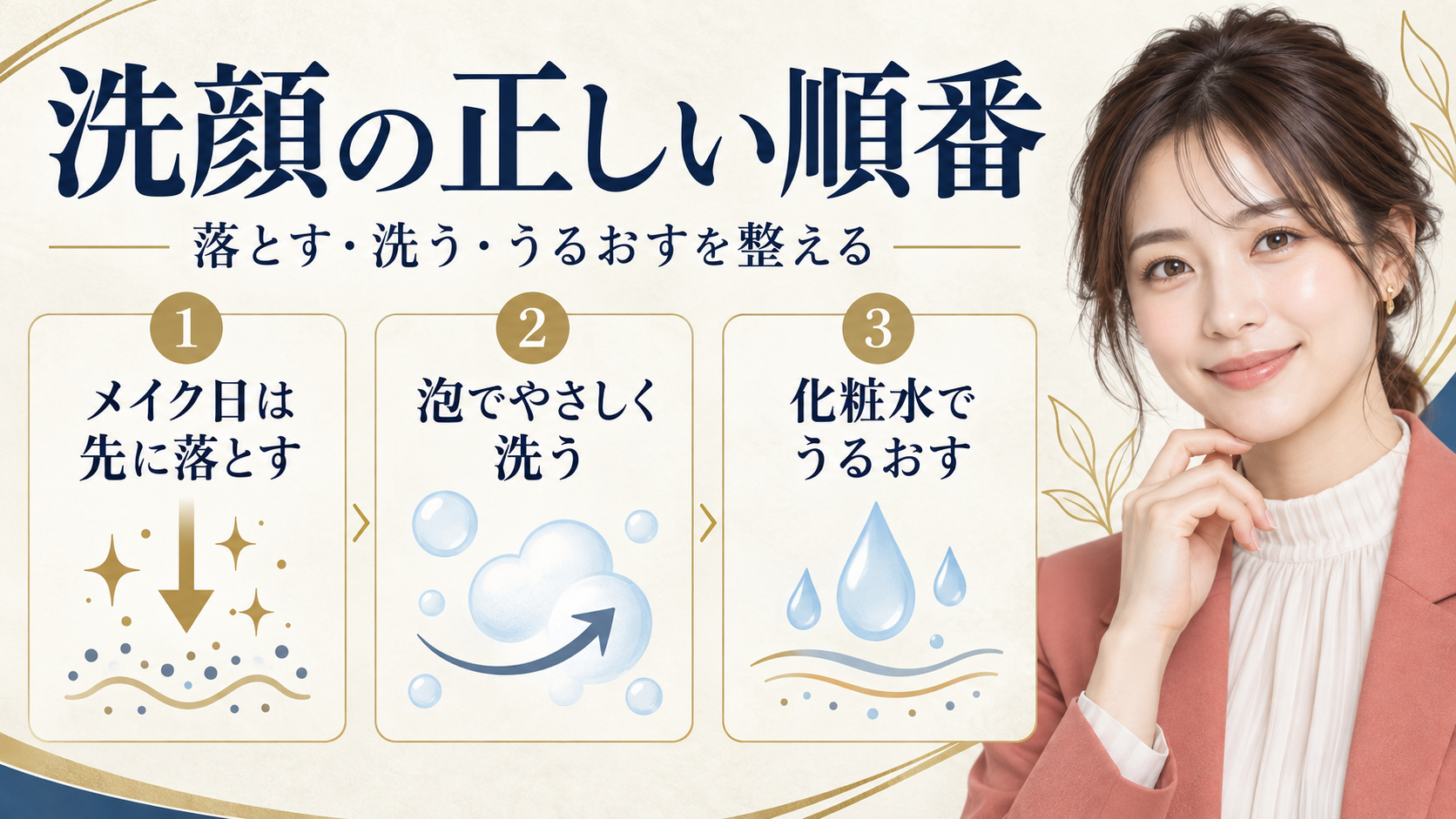 洗顔の正しい順番。メイクを先に落とし、泡で洗い、化粧水でうるおす方法