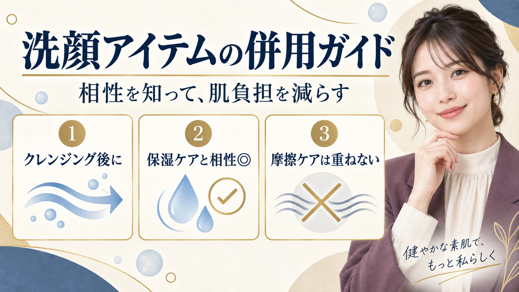 洗顔アイテムの併用ガイド。クレンジング後に使い、保湿ケアと合わせ、摩擦ケアは重ねない方法