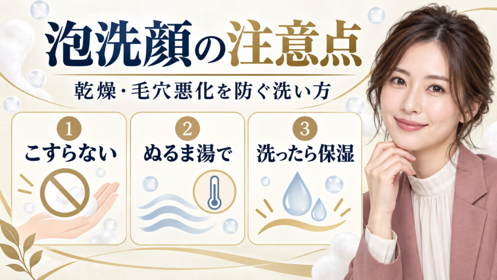 泡洗顔の注意点。こすらず、ぬるま湯で洗い、洗顔後は保湿する方法