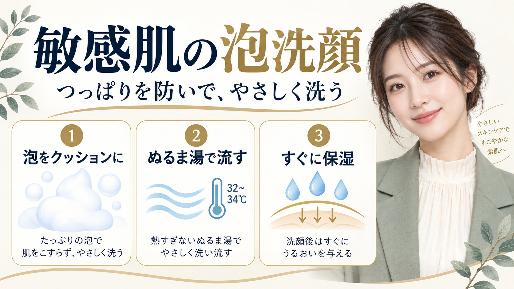 敏感肌の泡洗顔。泡をクッションにし、ぬるま湯で流して、すぐ保湿する方法