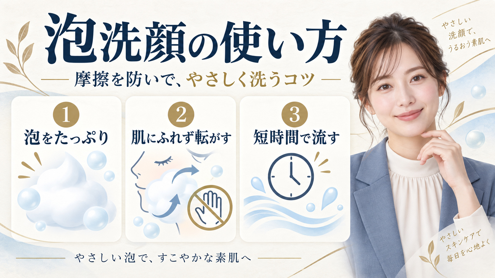泡洗顔の使い方。泡をたっぷり作り、肌にふれず転がして短時間で流すコツ