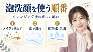 泡洗顔を使う順番。メイクを落とし、泡で洗い、化粧水と乳液で整える流れ