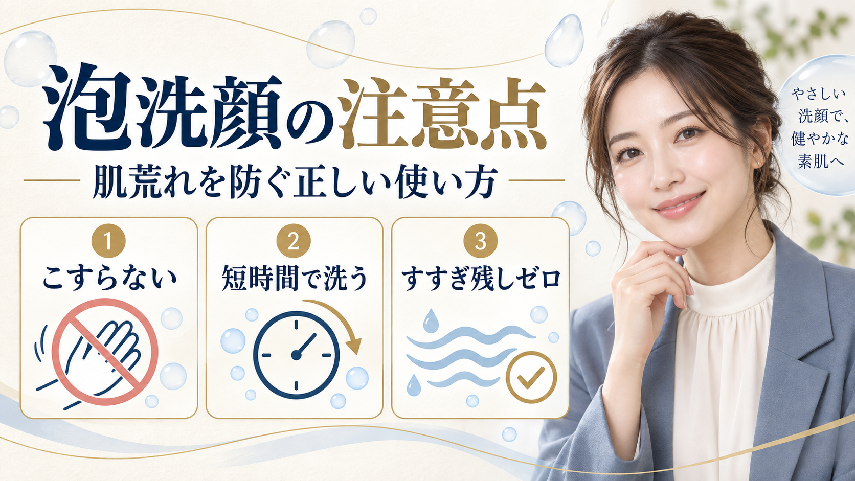 泡洗顔の注意点。こすらず短時間で洗い、すすぎ残しをなくす正しい使い方
