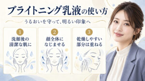 ブライトニング乳液の使い方。洗顔後の肌に顔全体になじませ、乾燥部分は重ねる手順