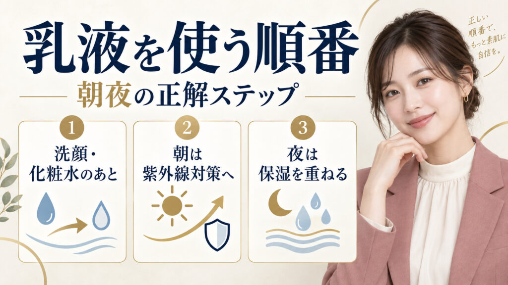 乳液を使う順番。洗顔と化粧水のあと、朝は紫外線対策、夜は保湿を重ねるステップ