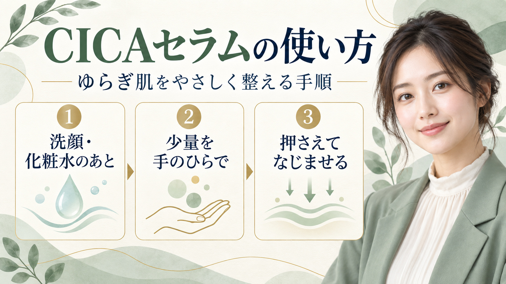 CICAセラムの使い方。洗顔と化粧水のあと、少量を押さえてやさしくなじませる手順