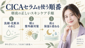 CICAセラムを使う順番。洗顔と化粧水のあと、朝は紫外線対策、夜は保湿を重ねる手順