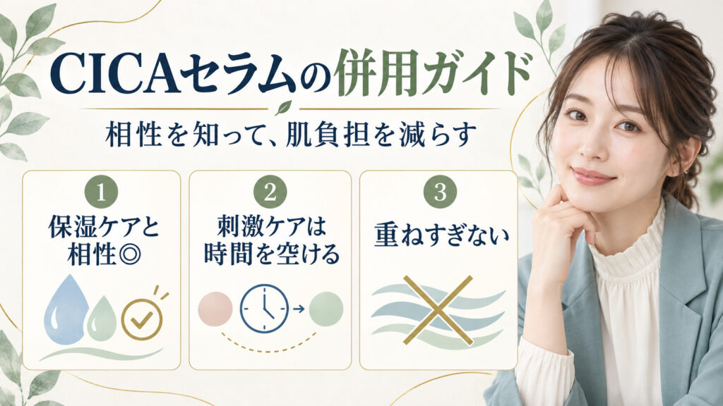 CICAセラムの併用ガイド。保湿ケアと合わせ、刺激ケアは時間を空け、重ねすぎない方法