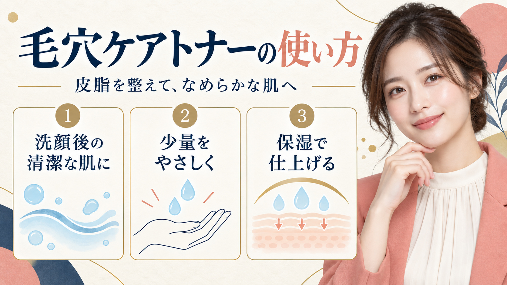 毛穴ケアトナーの使い方。洗顔後の肌に少量をやさしくなじませ、保湿で仕上げる手順