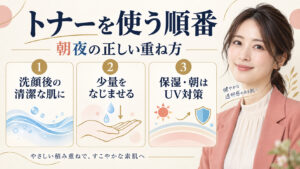 トナーを使う順番。洗顔後の肌に少量をなじませ、保湿と朝のUV対策で仕上げる方法
