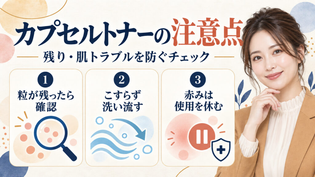 カプセルトナーの注意点。残りと肌トラブルを防ぐチェック