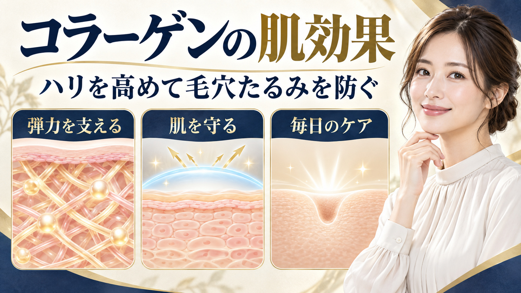 コラーゲンの肌効果とハリを高めて毛穴たるみを防ぐスキンケアのアイキャッチ