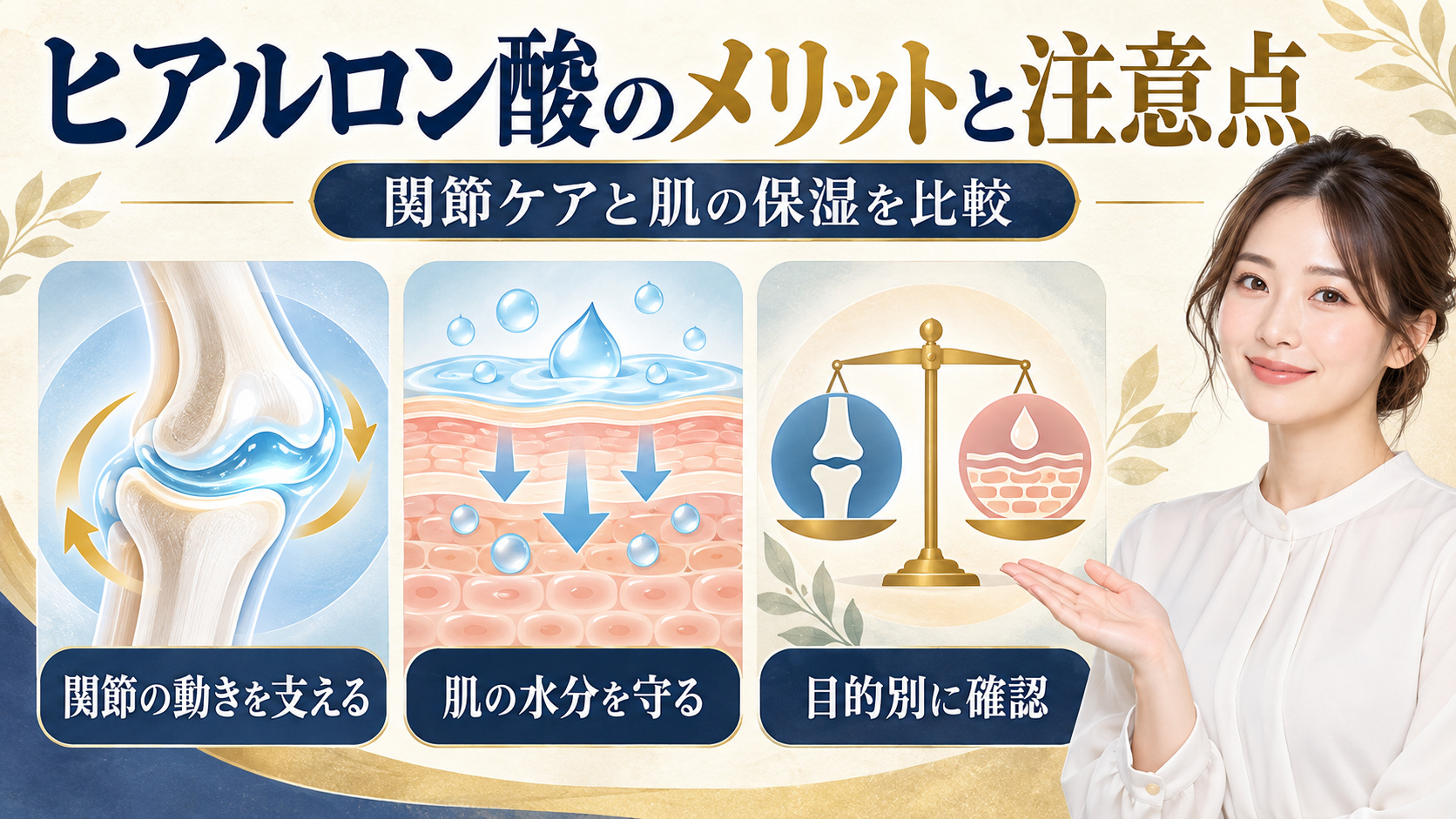 ヒアルロン酸のメリットと注意点を関節ケアと肌の保湿で比較するアイキャッチ