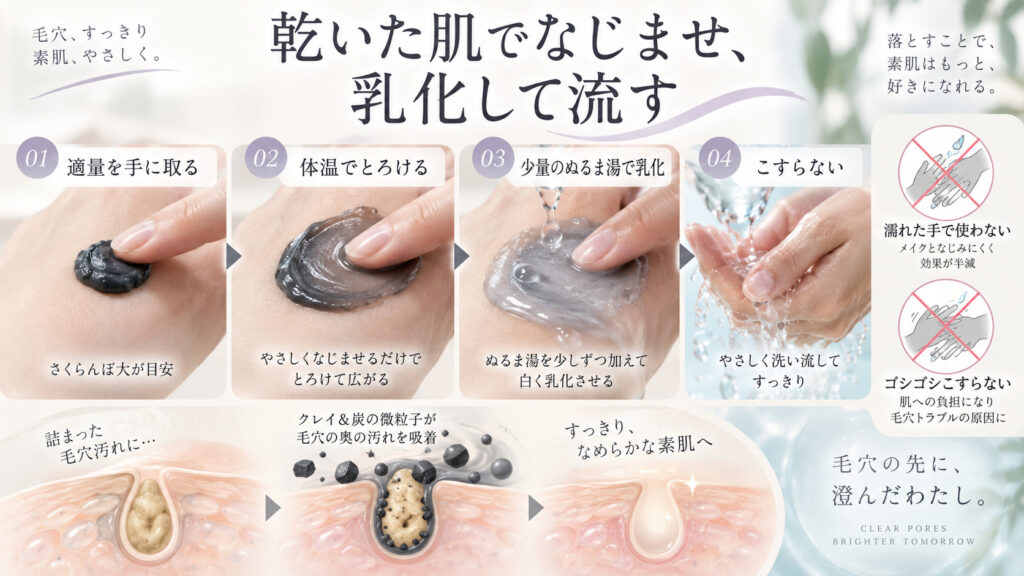 クレージュ黒バームを乾いた肌でなじませ少量のぬるま湯で乳化する手順