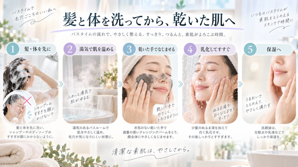 クレージュ黒バームを髪と体を洗った後に乾いた肌へ使い乳化して保湿する順番