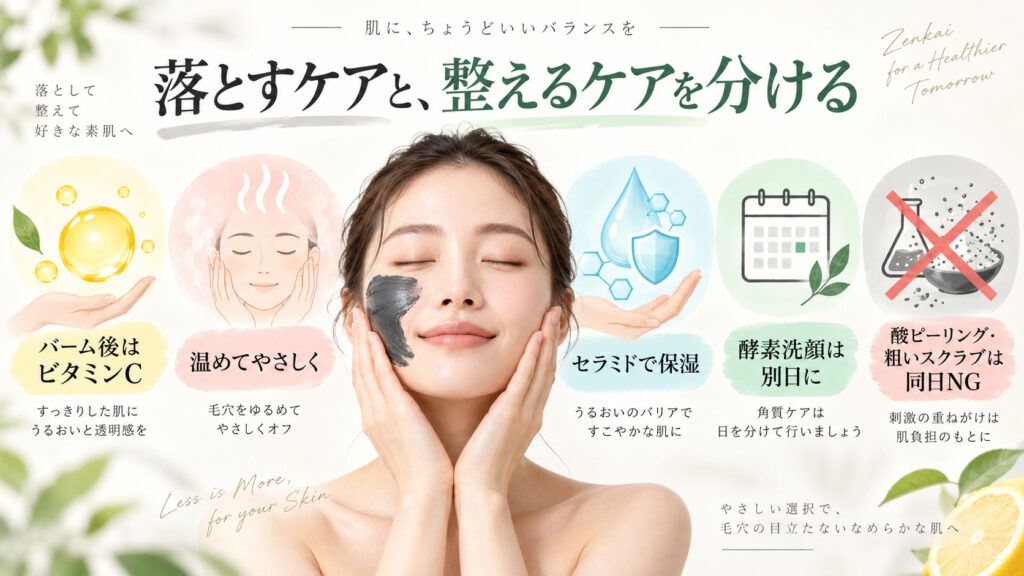 クレージュ黒バーム後のビタミンCやセラミド保湿と酵素洗顔を別日に分ける併用方法